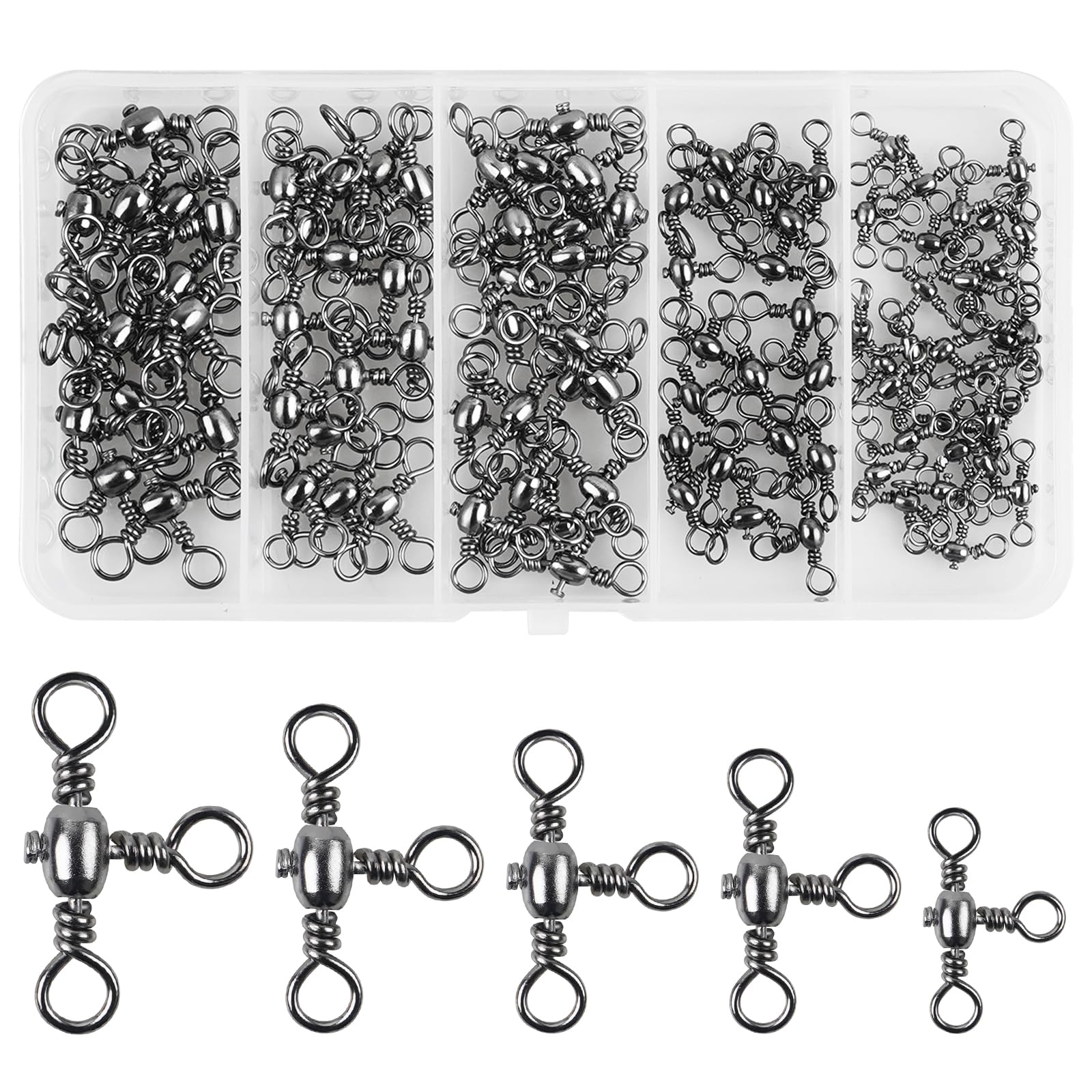 JSHANMEI 100Pcs/Lot Fishing Barrel 3 Way Swivels Crossline Rig Swivels Kit Fishing Lure Connector Fishing Tackle Set (120pcs/box 5 size mixed)