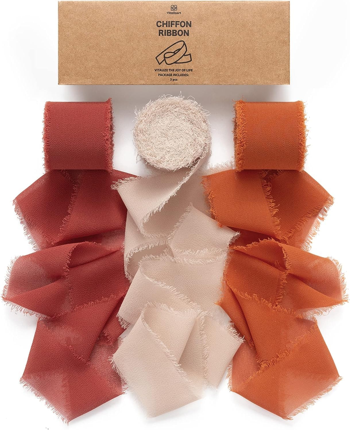 Vitalizart Chiffon Ribbon 1.5'' x 21 Yd Burnt Orange, Fabric Silky Ribbons 3 Rolls 1.5'' x 7 Yd, Handmade Fringe for Wedding Invitation, Bridal Bouquet, Gift Wrapping, Holiday Decoration, DIY Craft