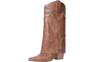 RONILURN Women Shark Boots Fold Over Mid Calf Chunky Heel Snip Toe Cowboy Cowgirl Pull On Studded Boots for Women