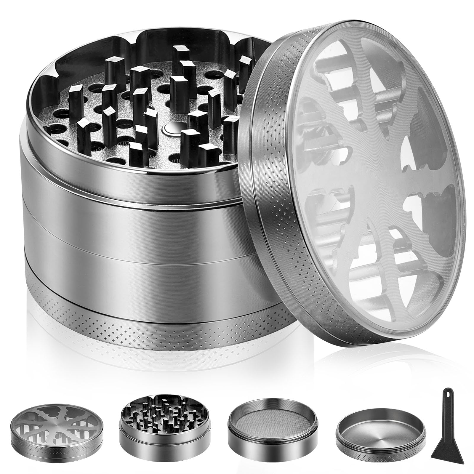 Anpro 2.5'' Clear Herb Grinder Premium Zinc Alloy - 4 Piece Portable Metal Grinder with Transparent Magnetic Top Cover, Mesh Screen, Pollen Scraper - Grey