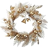 BINFEN 20" Gold Christmas Wreaths for Front Door, Gold Berry Leaves Bells Balls Xmas Wreath with White Fake Pampas Grass, Door Reef for Windows Fireplaces Walls, Front Porch Indoor and Outdoor