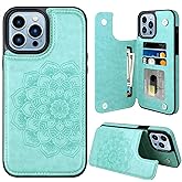 MMHUO for iPhone 14 Pro Max Case with Card Holder,Flower Magnetic Buttons Protective Wallet Case for Women for iPhone 14 Pro Max,Mint