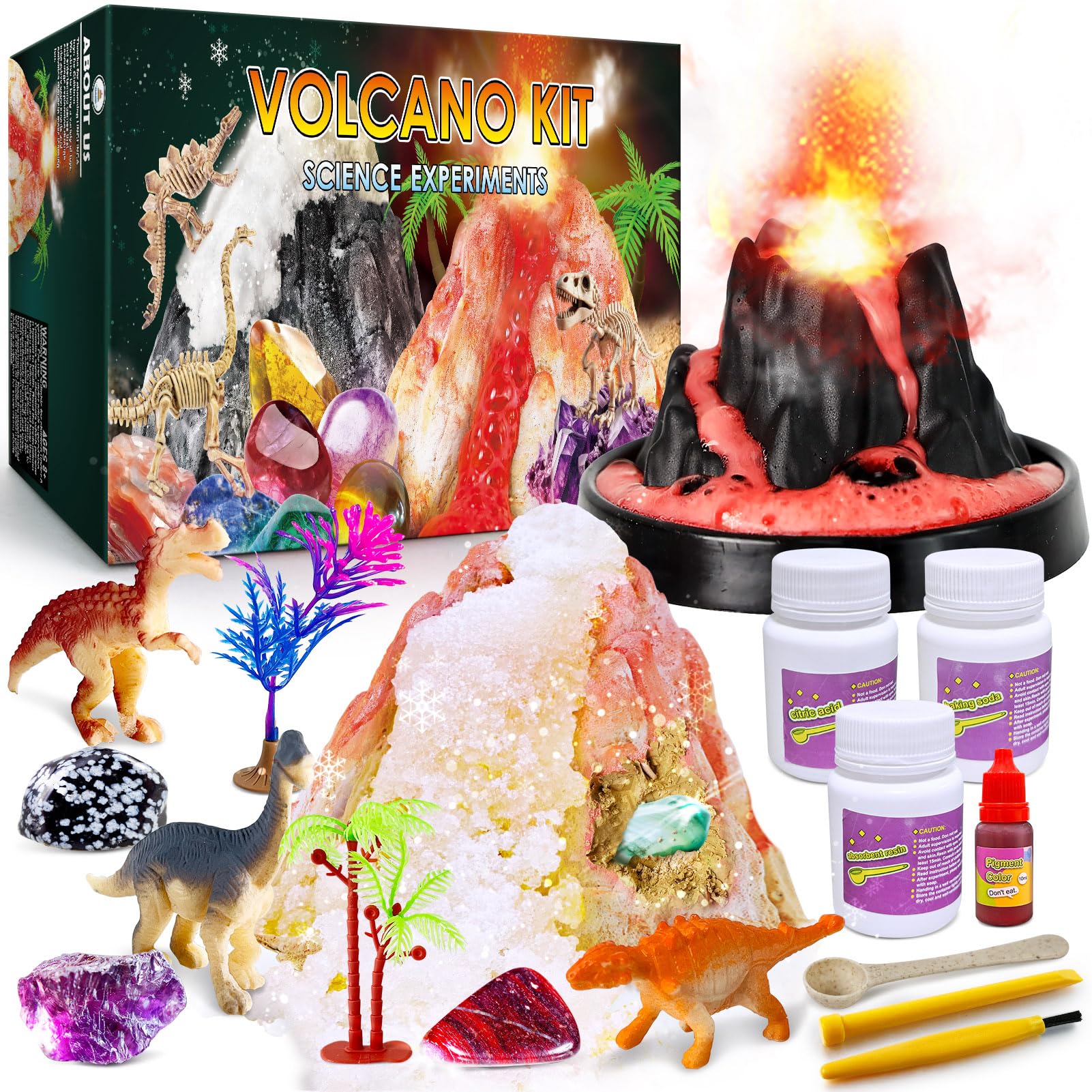 UNGLINGA Erupting Volcano Science Kit for Kids, Gemstone Digging & Snow Eruption Volcano, Chemistry Experiment Lab Toys Gift for Boys & Girls