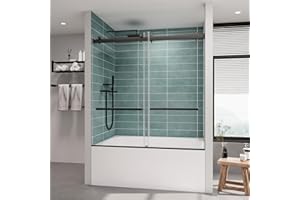 ROOMTEC Frameless Bathtub Shower Doors 56-60 W x 60 H, Double Sliding Tub Shower Door with Tempered Glass 5/16"(8mm), Duty Stainless Steel Hardwares, Matte Black