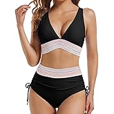 Buauty Bikini Sets for Women High Waisted Swimsuits Color Block Drawstring Two Piece V-Neck Bathing Suits 2026