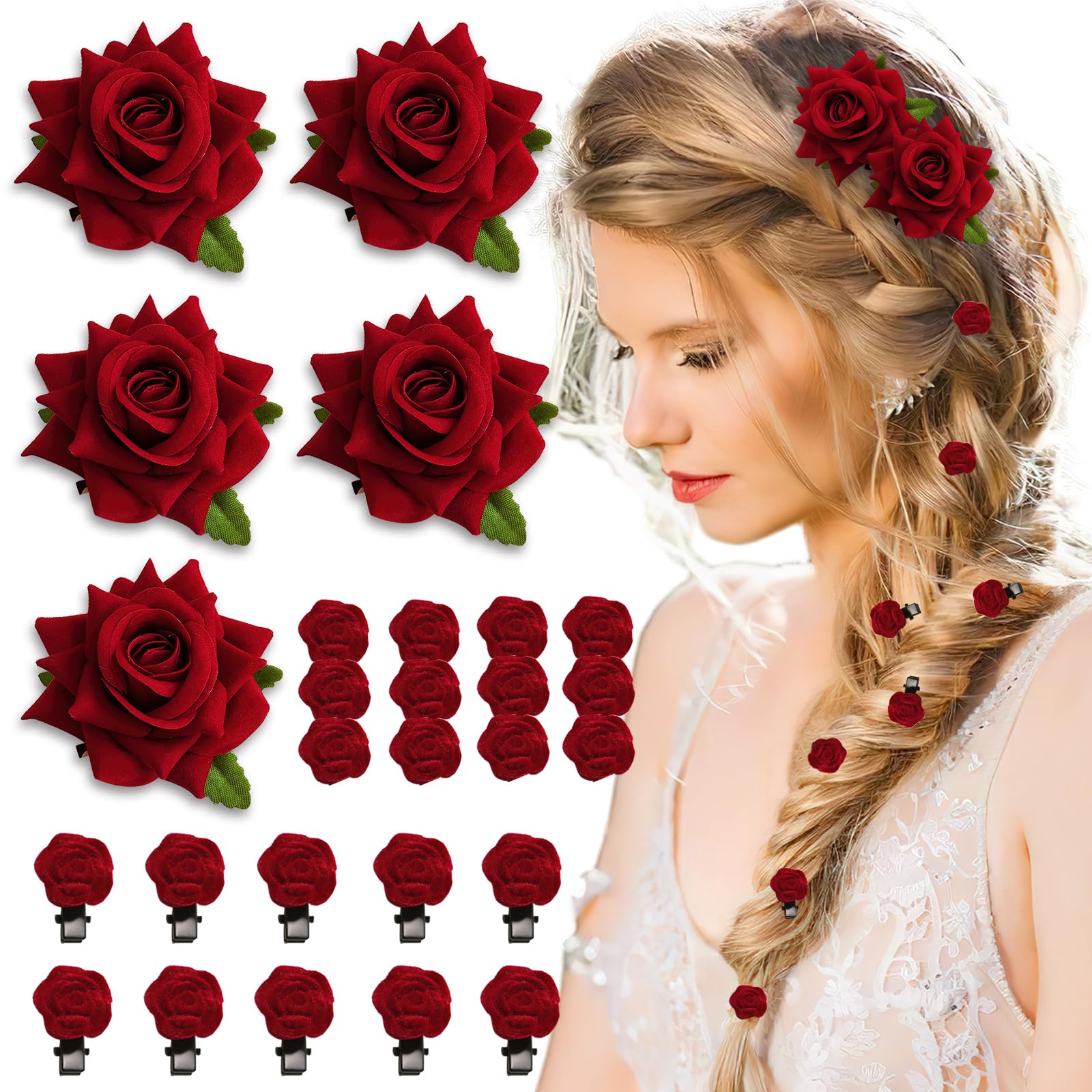 Photo 1 of **ONLY 10- 5 LARGE 2 MEDIUM AND 3 SMALL***BASEMMAHER 19Pcs Red Rose Brooch Hair Clips for Women Girls Mini Floral Hair Barrettes Flower Pins Headpiece Vintage Hairpin Hair Accessories for Bridal Wedding Valentine's Day Birthday Party