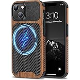 TENDLIN Magnetic Case Compatible with iPhone 14 Plus Case Wood Grain with Carbon Fiber Texture Design Leather Hybrid Slim Cover (Compatible with MagSafe) Black