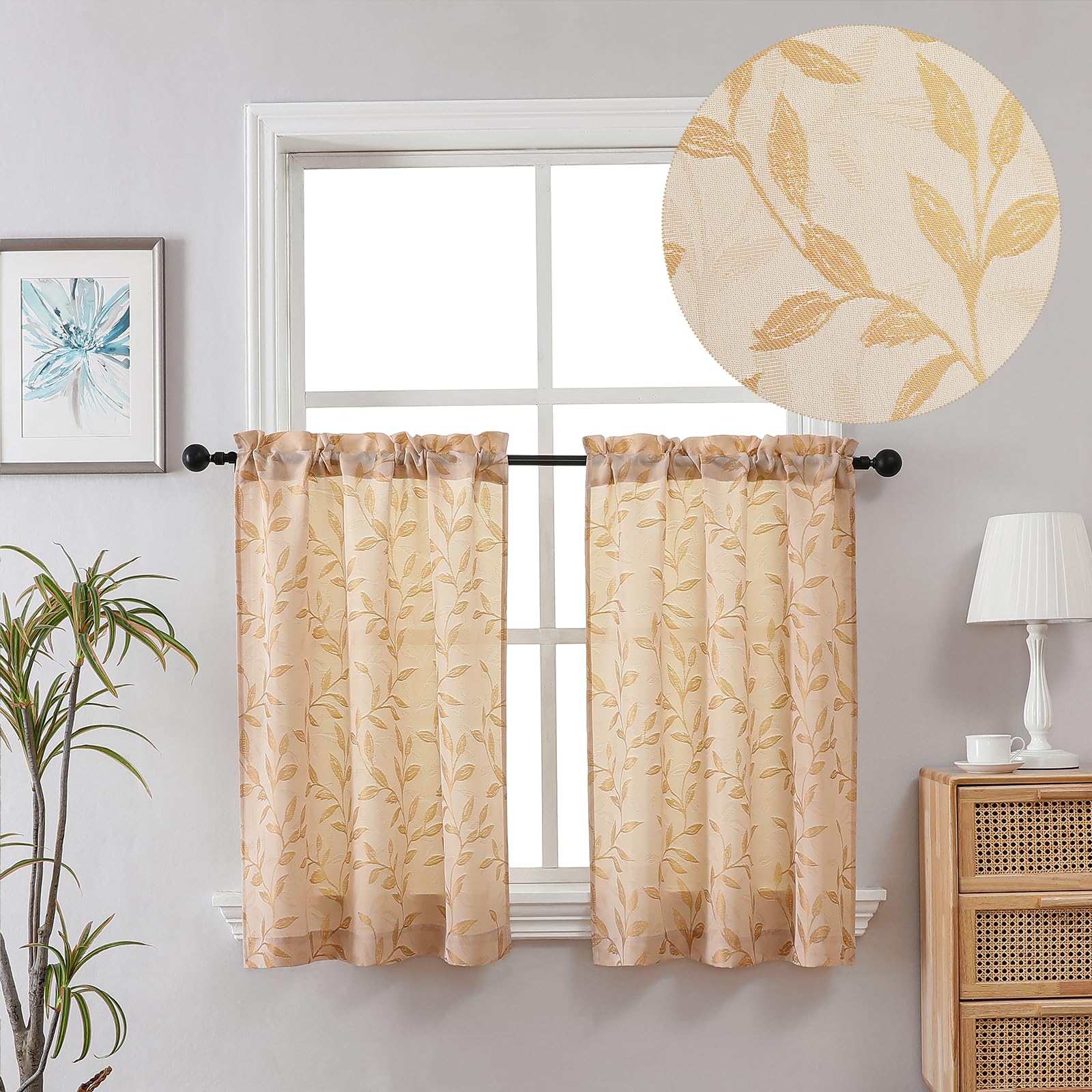 Photo 1 of Chyhomenyc Mila Gold Kitchen Tier Curtains, 36 Inch Length, Semi Sheer Leaf Jacquard Textured Small Cafe Curtains, Light Filtering, Each 30Wx36L, 2PCS