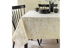 Benson Mills Metals Metallic Foil Printed Fabric Table Cloth, Holiday, Winter, and Christmas Tablecloth (60" x 120" Rectangular, Ivory-Gold)