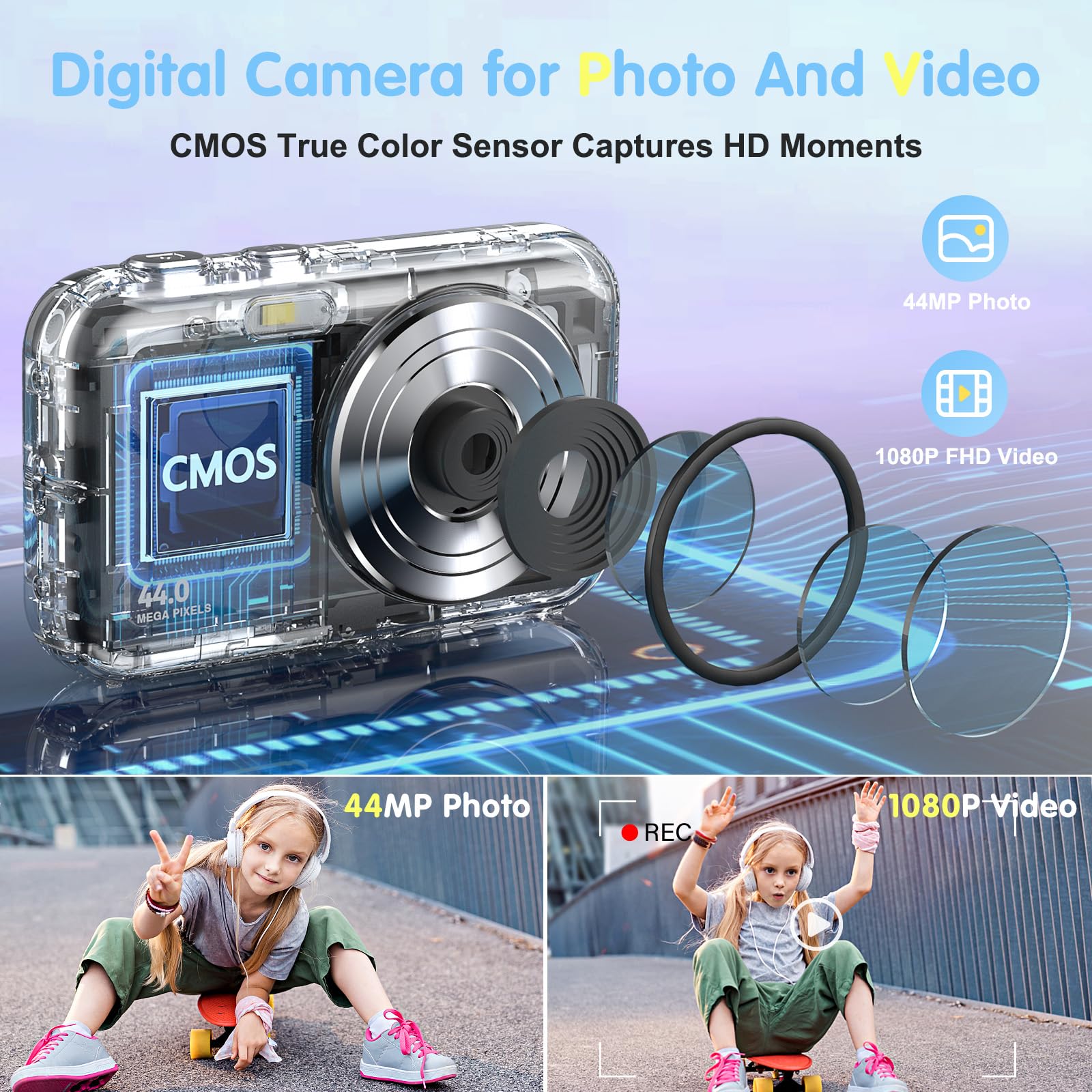 Digital Camera, FHD 1080P Digital Camera for Kids with 32GB Card, Vlogging Camera for Video Anti-Shake, Portable Point and Shoot Camera Fill Flash 16X Zoom, Small Camera for Travel—Black