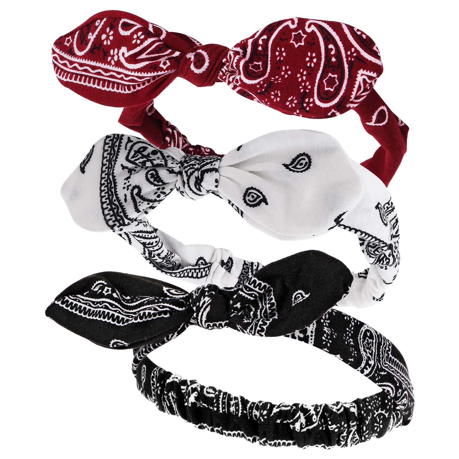 Qianyu 3Pcs Elastic Paisley Bandanas Rabbit Ears Headbands Adjustable Headwraps Retro Turban Cute Knot Hair Accessories Bow Hair Tie for Women Girl Party Prom Yoga Running Fitness Halloween Carnival