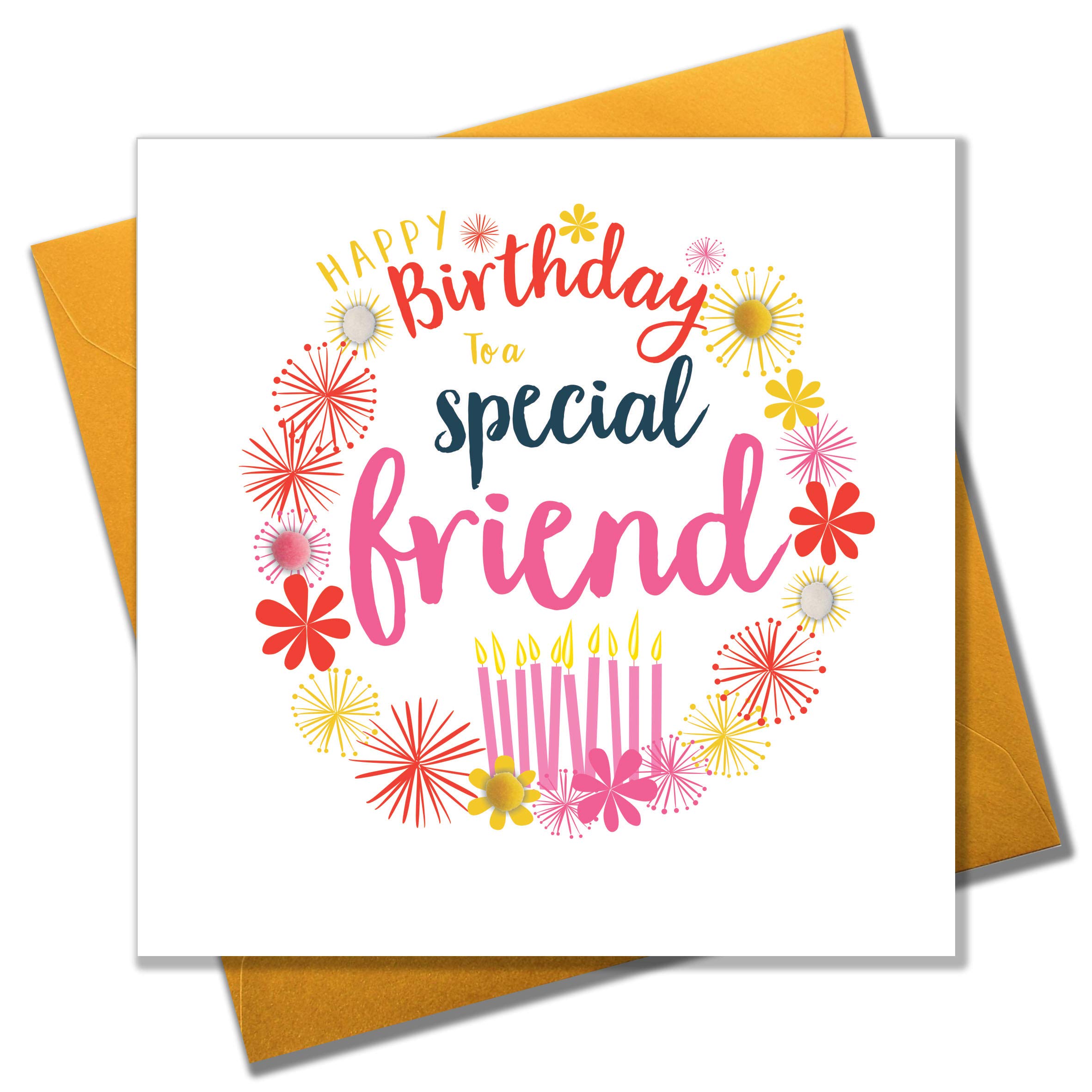 Claire Giles Greeting Cards, Happy Birthday Card, Special Friend, Candles Design Birthday Greeting Card, Embellished with Colourful Pompoms