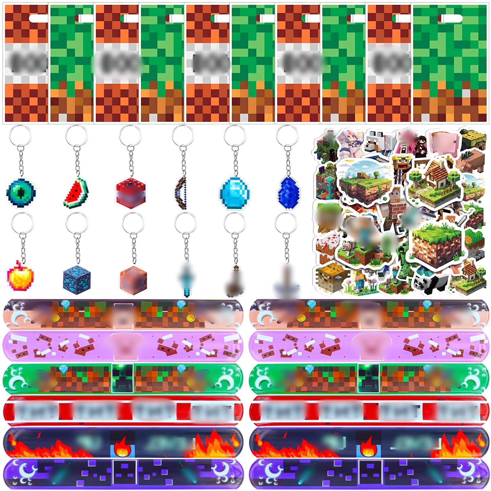 yumcute 134 Pcs Pixel Video Game Party Bag Fillers, Children's Birthday Party Favours Set with Slap Bracelets, Keyrings, Stickers & Party Bags for Kids, Pixel Party Giveaways Decorations