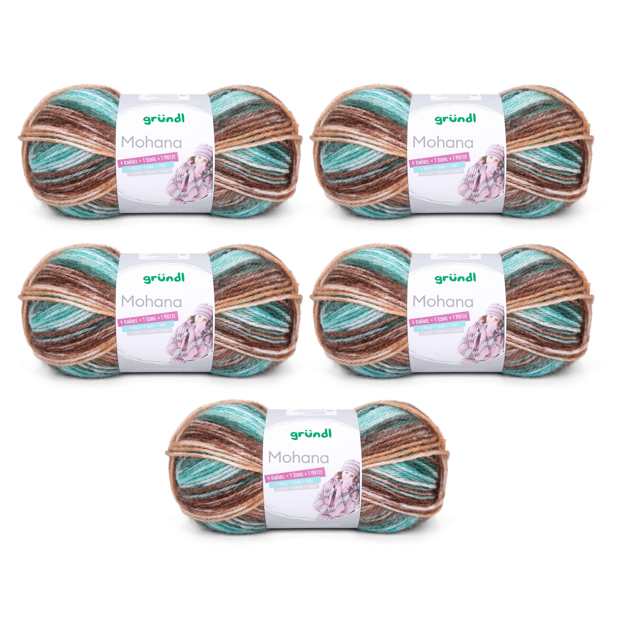 Gründl Mohanna Knitting and Crochet Yarn 90% Polyacrylic, 10% Mohair, 5 x 100 g, Thick Wool, Green/Brown/Camel
