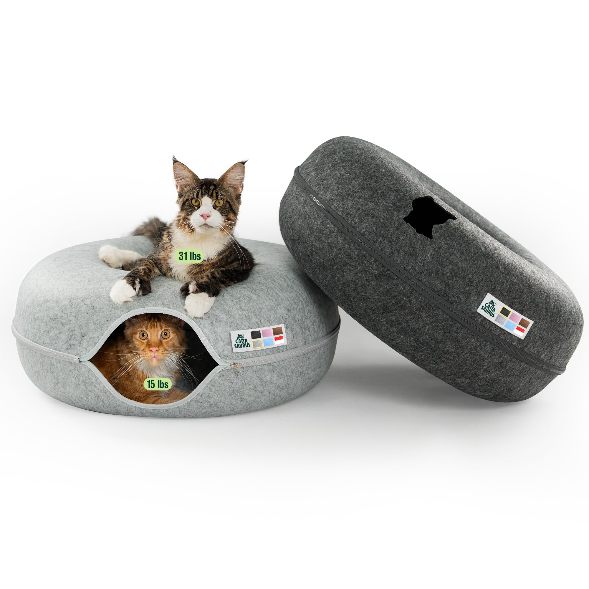 Cattasaurus Peekaboo Cat Cave Duo Jumbo Set, Extra Spacious Cat Donut for Multiple & Large Kitty 15+ lbs, Scratch Detachable Cat Beds for Indoor Cats, Washable Cat Tunnel Bed, Best Kitten Toys Image
