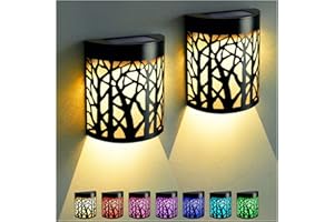 DenicMic Solar Wall Lights Outdoor Wall Sconce Fence Lighting for Patio Front Door Yard Deck Stair Led Forest Decorative Lamps, Waterproof, Warm White/Color Changing (2 Pack)