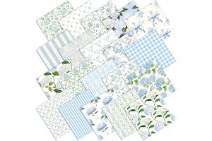 HunnmingRe 20 Pcs 10''x10'' Hydrangea Quilting Fabric Square Bundle Watercolor Dusty Blue Floral Precuts Quiltted Fabric Printed Patchwork Material Supplies for Holiday Patchwork DIY Sewing Crafts