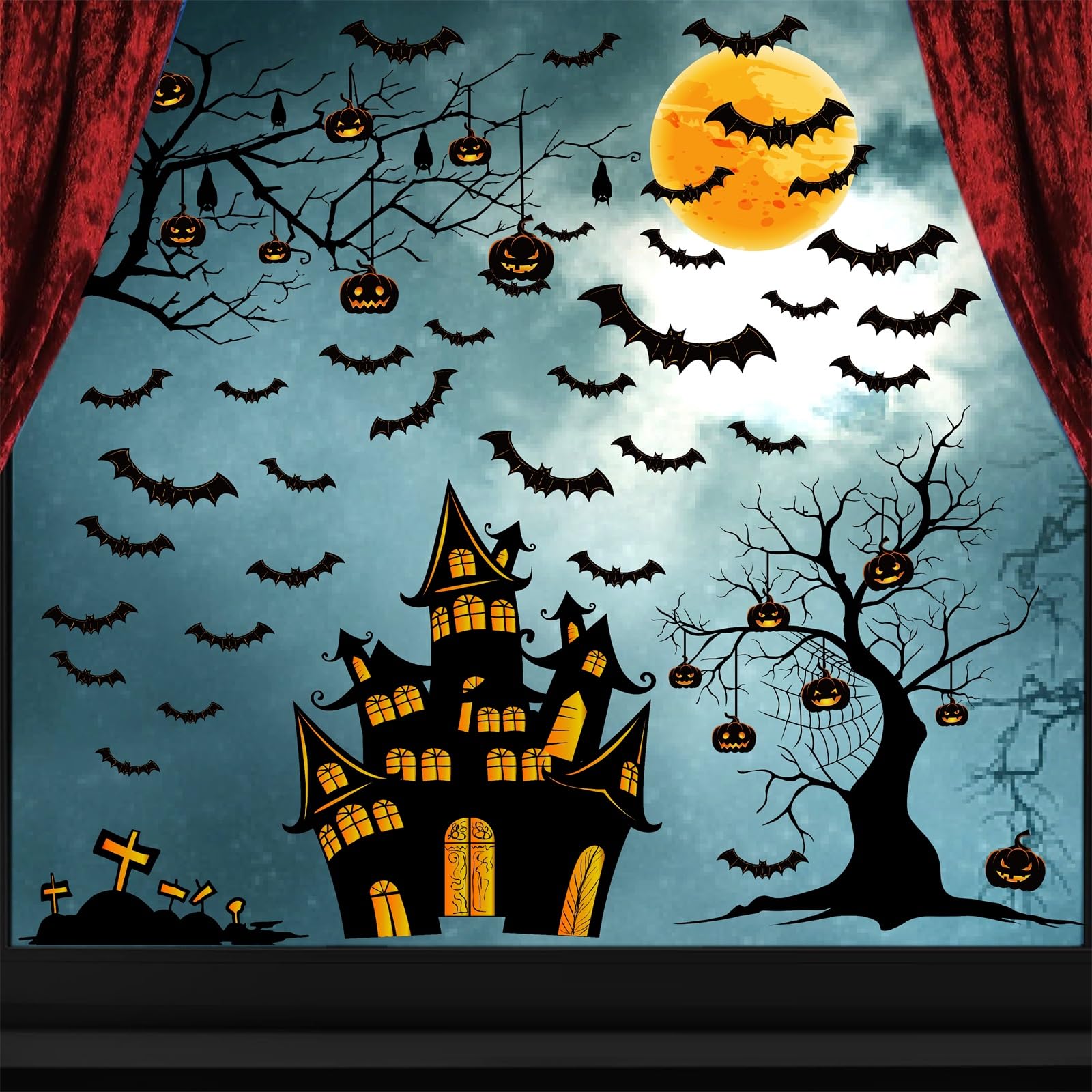 Halloween Window Stickers Halloween Window Decals Peel and Stick Castles Bats Stickers Moon Witch Decals for WallBlack Tree Branch Pumpkin Decals Halloween Wall Stickers for Bedroom Party Supply Decor