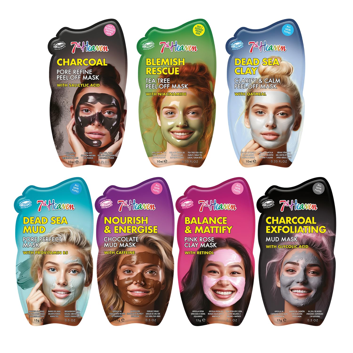 7th Heaven Face Mask Multipack – Pack of 7 Clay, Mud & Peel-Off Masks with Retinol, Caffeine, Glycolic Acid & Niacinamide – Deep Cleansing & Purifying Skincare for Women – Cruelty-Free