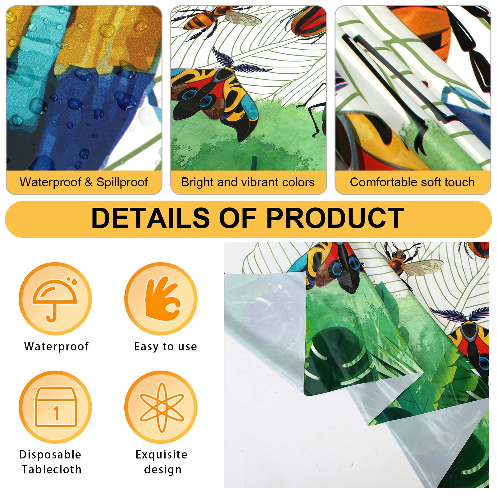 PHOGARY Insect-Themed Party Tablecloth - 1 PCS Colorful Bug Party Table Cover for Birthday Party Decorations Creepy Crawly Plastic Table Cloths Reptile Funny Table Decor Bug Party Supplies, 51