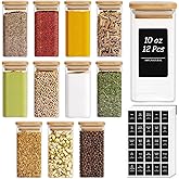 ComSaf 12Pcs Glass Spice Jars with Bamboo Lid, 10oz Airtight Square Containers with 275 Black Lables, Empty Seasoning Jars fo