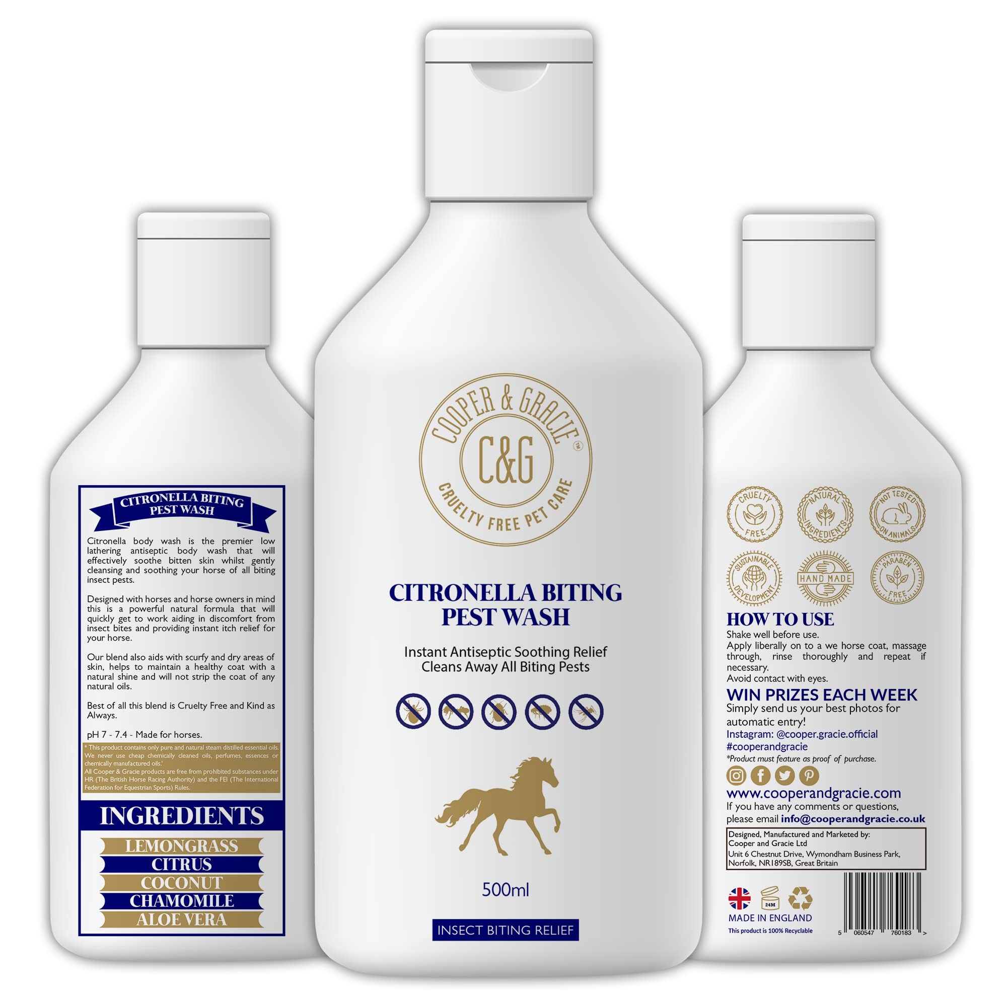 Horse Citronella Biting Pest Wash 500ml – Powerful Organic Shampoo by Cooper and Gracie | Antiseptic Soothing Relief, Cleans Biting Pests | Low-Lathering, 100% Natural