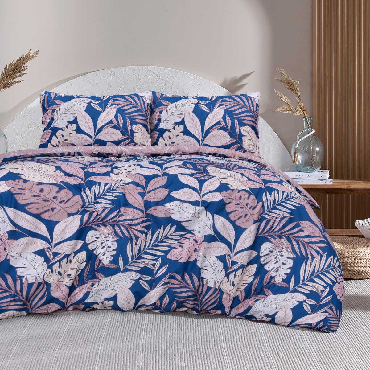 Sleepdown Tropical Palm Tree Floral Blush Pink Navy Reversible Soft Easy Care Duvet Cover Quilt Bedding Set with Pillowcases - SuperKing (260cm x 220cm)