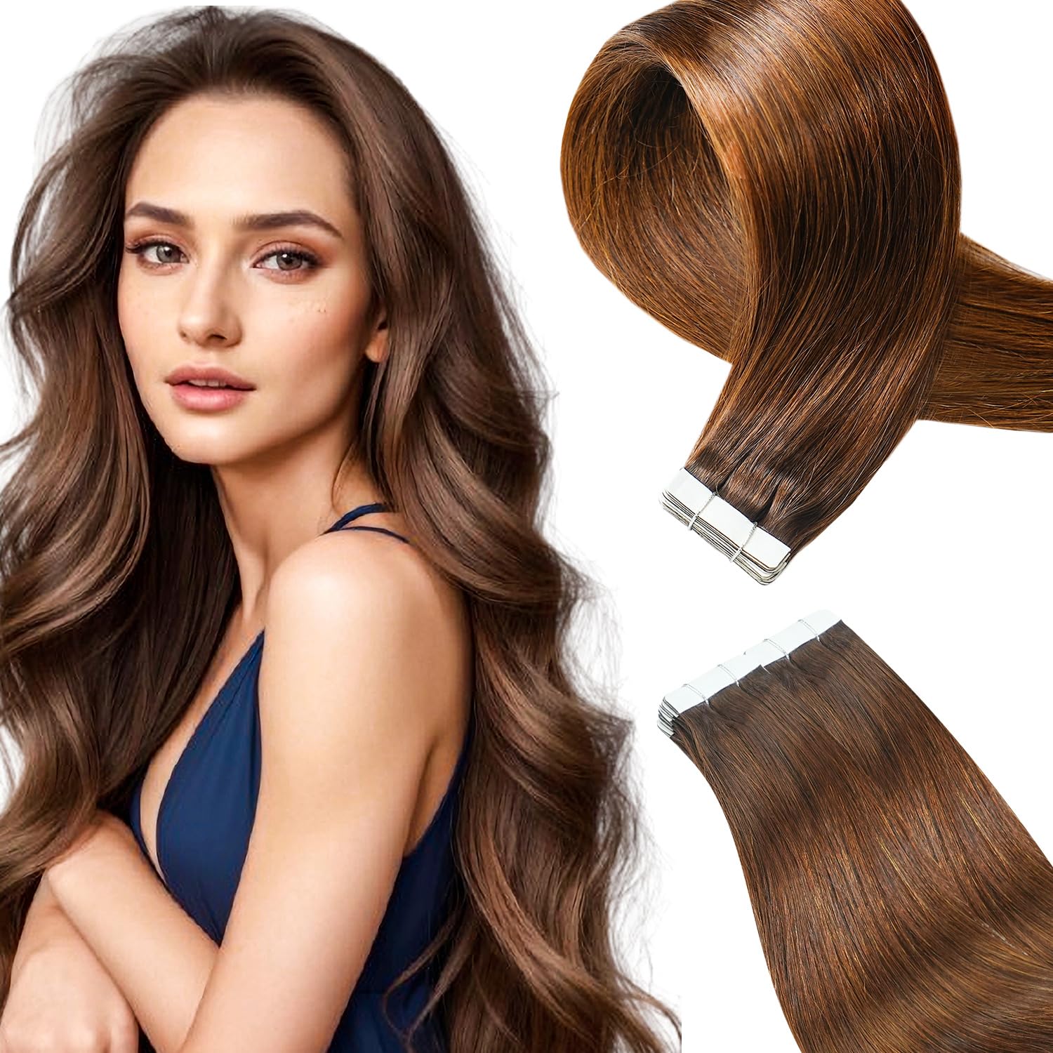 Qingliang Tape-in Hair Extensions Human Hair Remy Human Hair Medium Brown 22 inch 20Pcs Straight Seamless Skin Weft โ image 1
