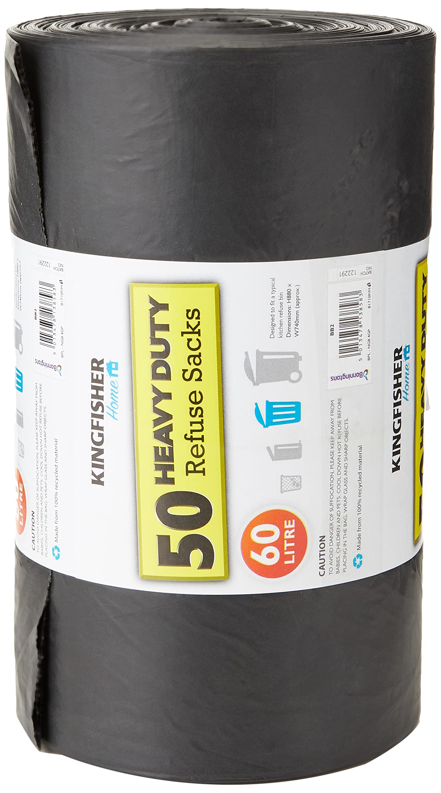 Kingfisher Heavy Duty Refuse Sacks, Black 60 Litres - 50-Piece
