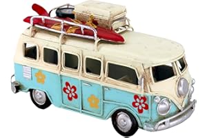 NAUTIMALL Vintage-Style Miniature Hippie Camper Van Model Tropical Theme Flower Decals 6.5inches Beach Bus Home Decor Gift for Boys Kids Hippie Van Ornament (Light Blue)