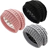 Ultrafun 3 Pack Satin Lined Beanie for Women, Slouchy Winter Hats with Silk Lined, Oversized Knit Warm Hat Skull Cap