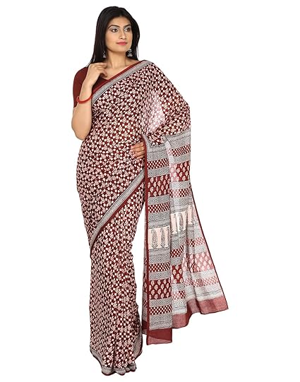 Finest Quality Cotton - Handmade Red and Black Booti - Bagh Block Print Saree with Blouse Piece