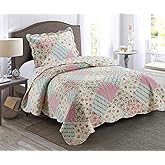 Brilliant Sunshine Pink and Green Rose Patchwork, 2-Piece Quilt Set with 1 Sham, Reversible Bedspread, Soft Lightweight Coverlet, All-Season, Twin, Pink Green