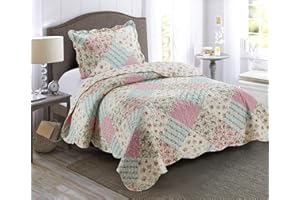 Brilliant Sunshine Pink and Green Rose Patchwork, 2-Piece Quilt Set with 1 Sham, Reversible Bedspread, Soft Lightweight Coverlet, All-Season, Twin, Pink Green