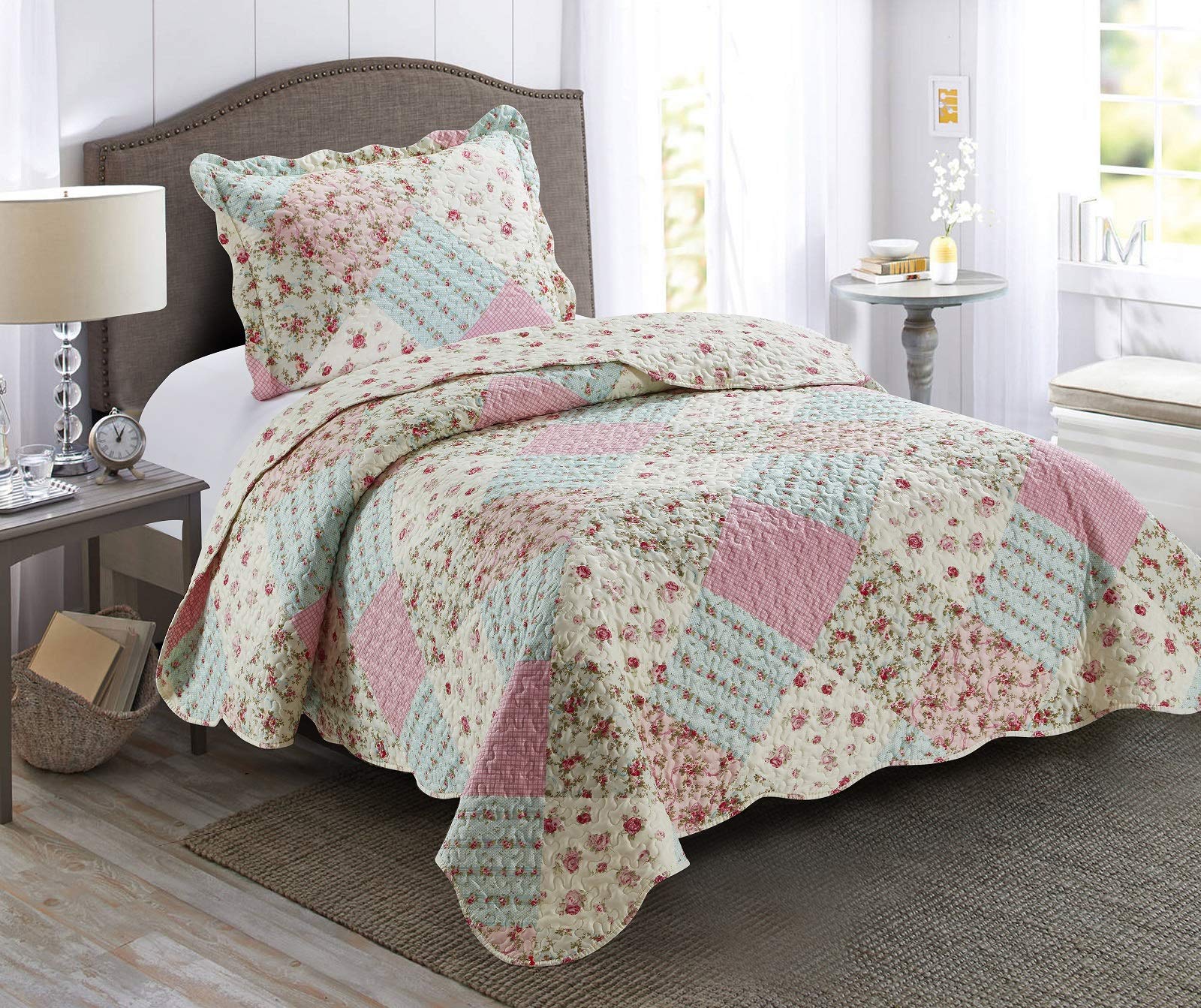 Photo 1 of Brilliant Sunshine Pink and Green Rose Patchwork, 2-Piece Quilt Set with 1 Sham, Reversible Bedspread, Soft Lightweight Coverlet, All-Season, Twin, Pink Green