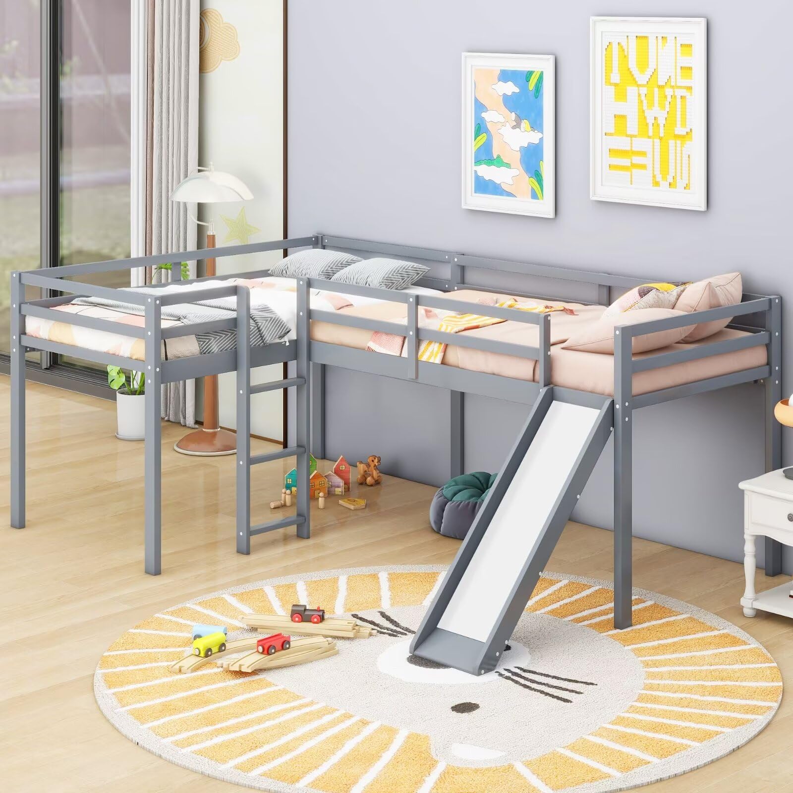 Photo 1 of Merax Wooden Twin Size Double Loft Bed with Slide and Ladder, L-Shaped Bed Frame with Full-Length Guardrail, Wood Bedframe for Kids Teens Adults Bedroom, 2 Twin Beds, Grey