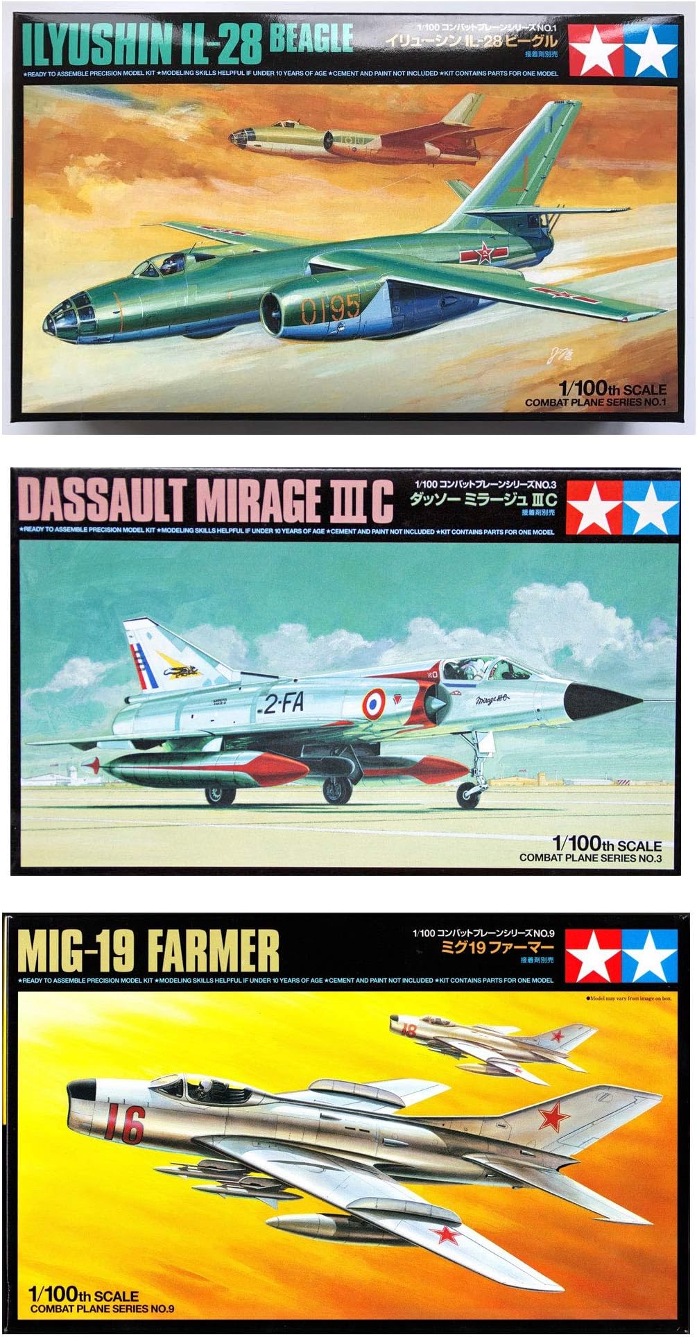 3 Tamiya Model Plane Bundle - Ilyushin II-28 Beagle, MiG-19 Farmer-E and Dassault Mirage III C (Japan Import)
