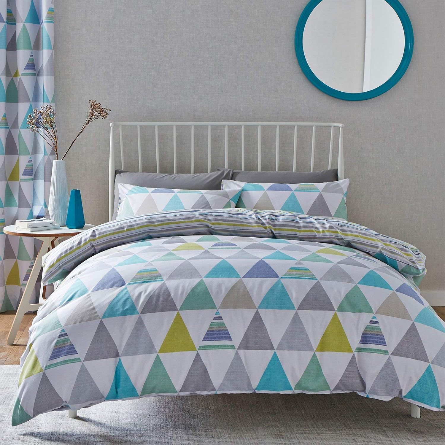 Just Contempo Scandi Geometric Duvet Cover Set, Teal Grey White, King