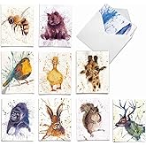 The Best Card Company - Assorted All Occasions Animal Watercolor Blank Greeting Notecard Box Set - Incl. 10 Unique Designs + Envelopes, Thank You, Invitations - Wildlife Splash AM2954OCB-B1x10