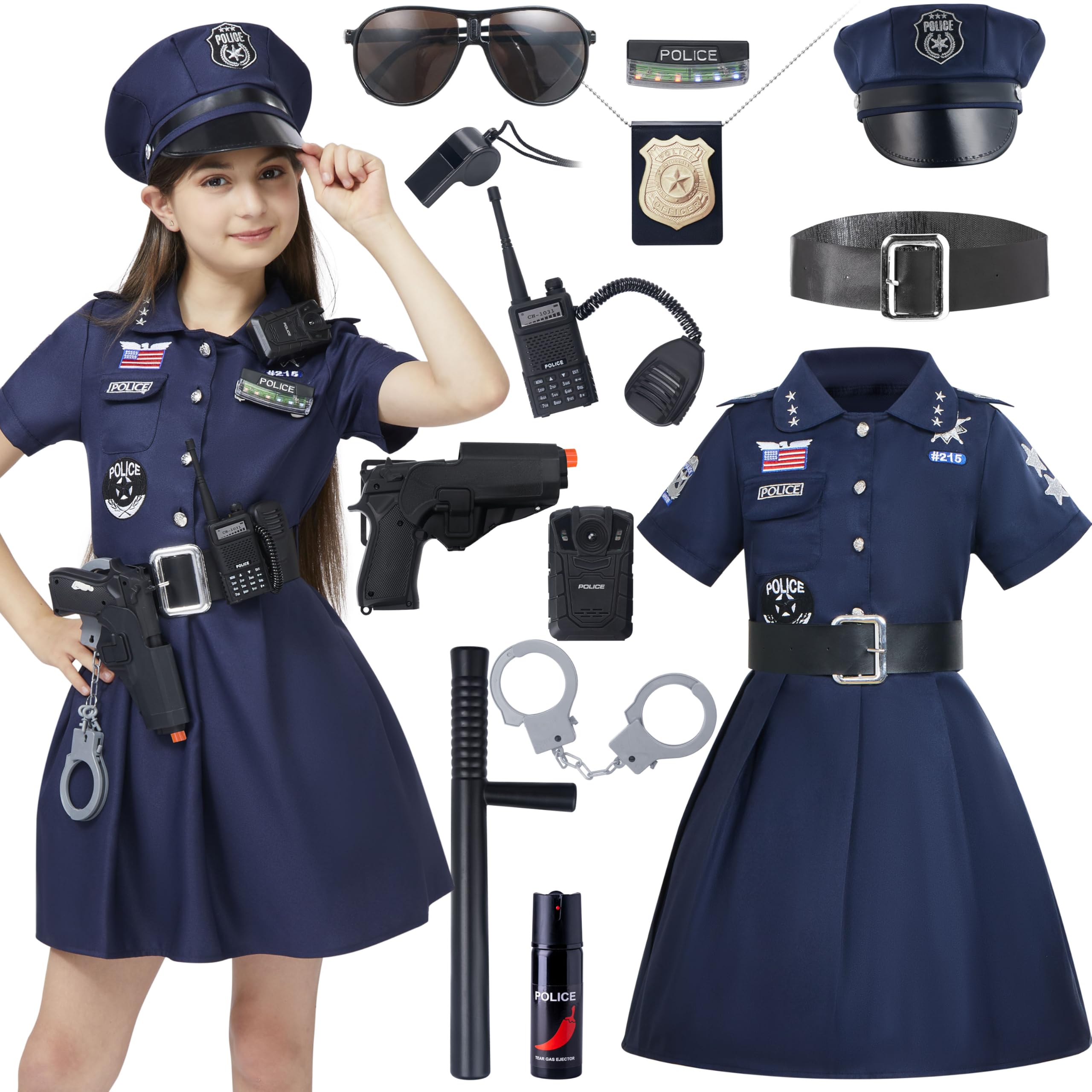 Spooktacular Creations Police Officer Costume for Girls, Girl Police costume cool dark style for Kids Halloween Dress Up and Theme Parties