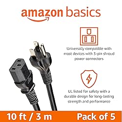 Amazon Basics PC Power Cord, 10 feet, 5-Pack, AC