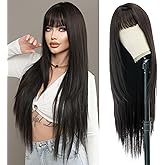 7JHH WIGS 34inch Surper Long Straight Natural Black Synthetic Layered Wigs with Bang Heart Resistant Fiber Hair 140% Density Long Wigs for Women Daily Party Anime Cospaly Used