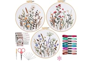OFFIZON 3 PCS Embroidery Kit for Beginners - Cross Stitch DIY Craft Set, Flower Embroidery Accessories & Hoop Included, Hand 