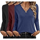 Ekouaer 3 Pack Long Sleeve Shirts for Women V Neck T Shirt Fall Casual Tops Basic Base Layer Undershirts Tees 2025 S-XXL