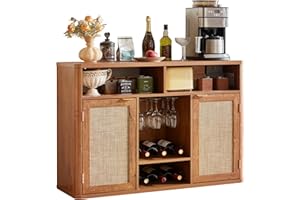 Lerliuo Rattan Wine Cabinet with 2 Doors, Boho Liquor Cabinet with Wine Racks, Farmhouse Coffee Bar Station for Living Room, Dining Room, Kitchen, Tea Brown
