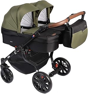 Dorjan Quick Twin Zwillingskinderwagen (Seite-an-Seite) Kombi kinderwagen Duo Buggy Wickeltasche + Regenschutz + Insektenschutz (3in1 (inkl. Babyschalen), (TQ16) Schwarz-Grün)