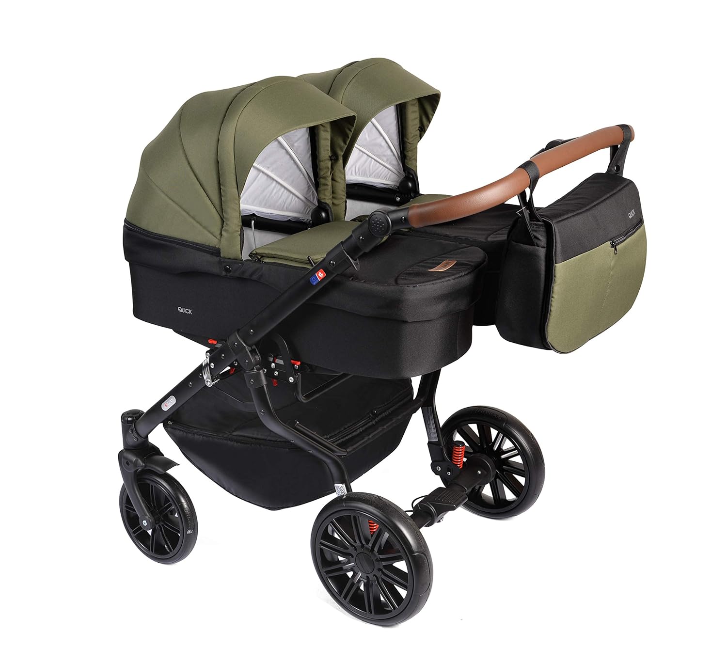Dorjan Quick Twin Zwillingskinderwagen (Seite-an-Seite) Kombi kinderwagen Duo Buggy Wickeltasche + Regenschutz + Insektenschutz (3in1 (inkl. Babyschalen), (TQ16) Schwarz-Grün)
