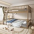 XD Designs Full XL Over Queen Bunk Bed with Safety Guardrails, Solid Wood Floor Bunk Bed Frame with Sturdy Slat Support for Kids Teens Adults, Detachable Design (Walnut-tra)