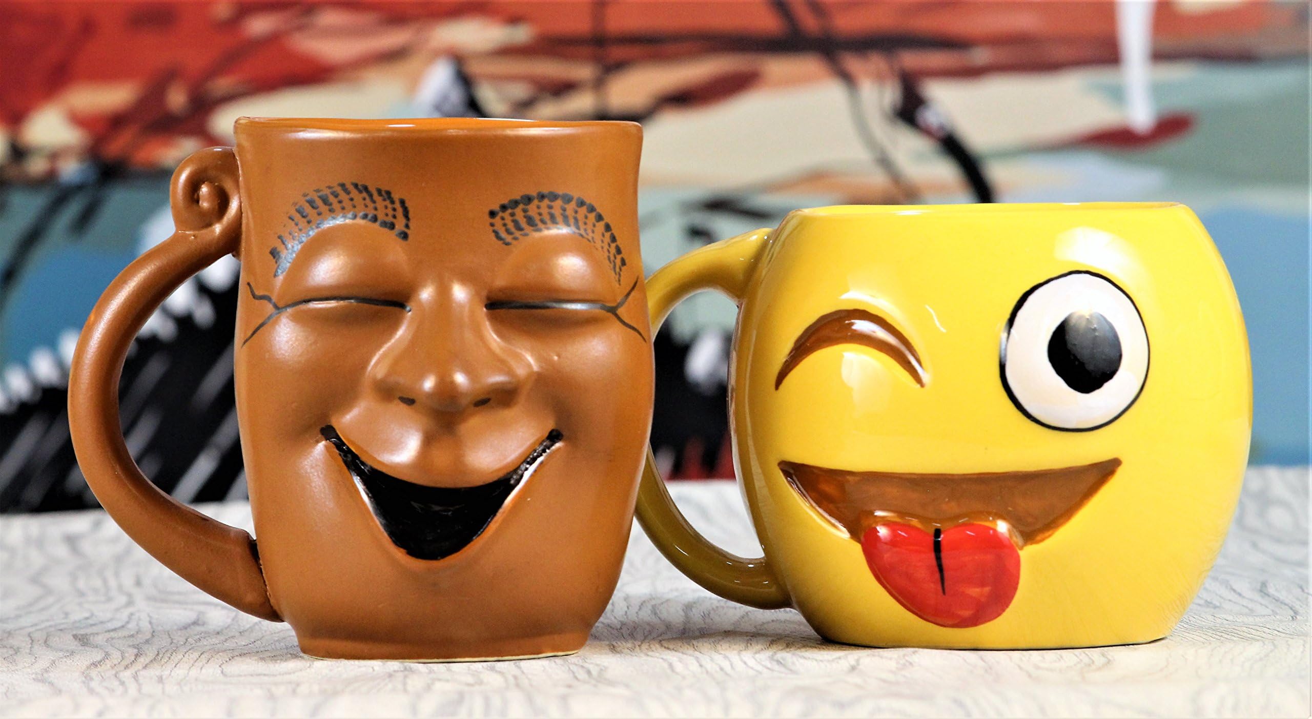 Weird Wolf Joy and Winky Face Emoji Coffee Mugs, Set of 2