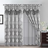 Petrichor Elegant Curtains with Gold Silver Threads 2 Panels Set - Luxury Window Treatment Attached Valance, Sheer Backing, and 2 Tie Backs for Bedroom and Living Room, 54x84 inches, Silver